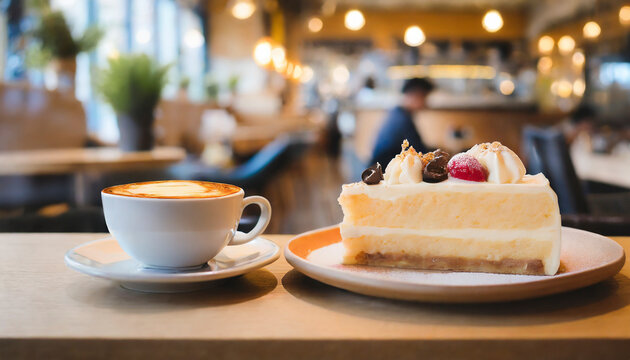 cake in a restaurant with cup of coffee and tables in background