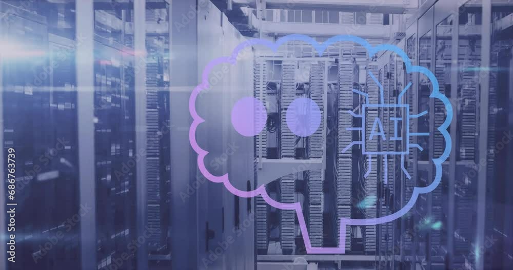 Poster animation of ai text in brain and speech bubble over server systems in server room