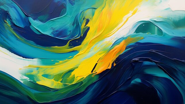 an abstract art piece featuring dynamic swirls of cobalt, ruby, lemon yellow, and forest green.