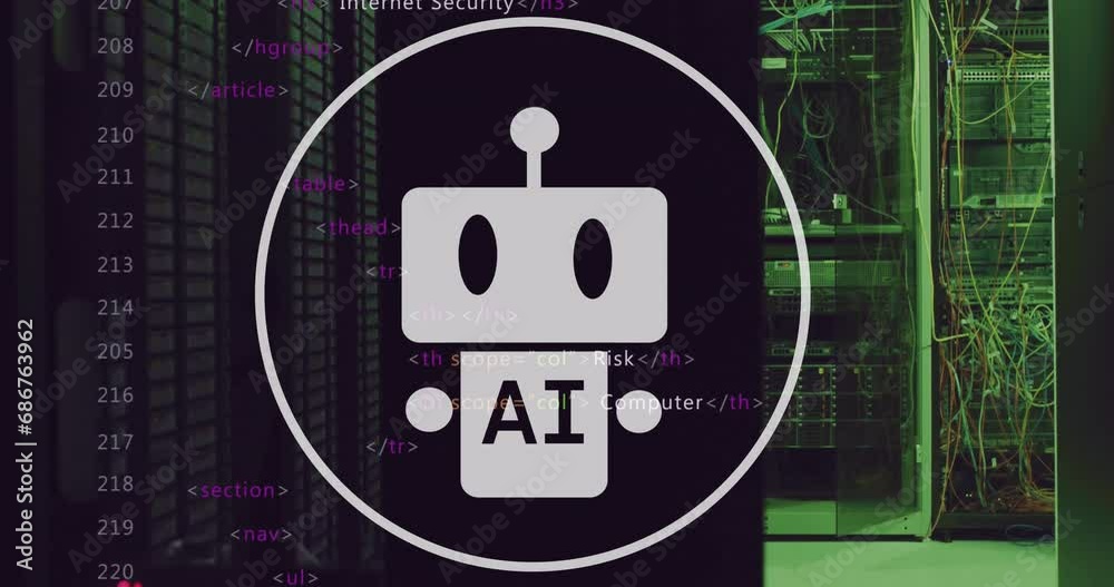 Poster animation of robot and ai text in circles and computer language, data server systems in server room