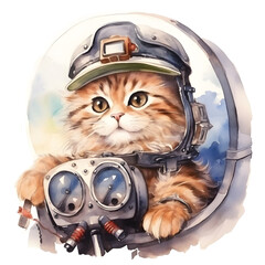 Funny cat pilot in an airplane, watercolor illustration.