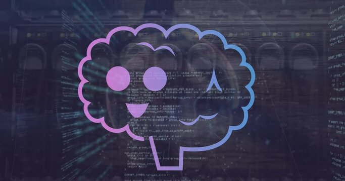Animation of smiling brains over computer language against cable