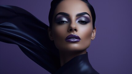 beauty and fashion portrait of woman with stylish makeup, in style of purple and blue, creative make-up female studio shot, dark shadows