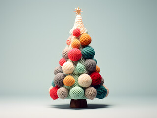 Colourful Christmas tree made of wool knitted clothes on a white background