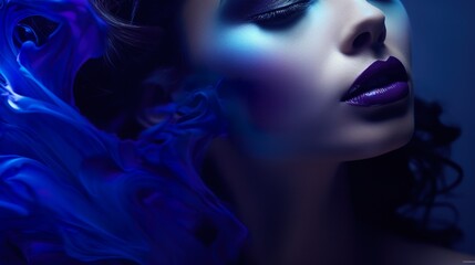 Fototapeta premium beautiful fantasy woman with fairy tale purple and blue neon glow makeup, fashionable female with fairy make-up, beauty and fashion portrait