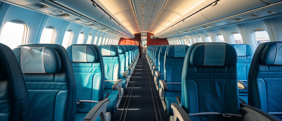 Werbeflächen im Flugzeug: Perspektive auf leere Sitze - obrazy, fototapety, plakaty