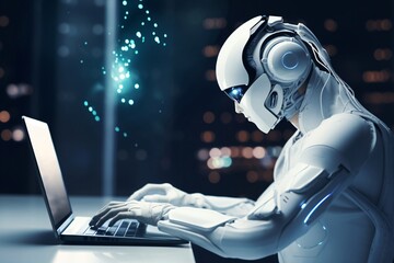 An Artificial Intelligence (AI) powered Robot sitting on a desk, working and typing, using a laptop in a modern workspace or office. - obrazy, fototapety, plakaty