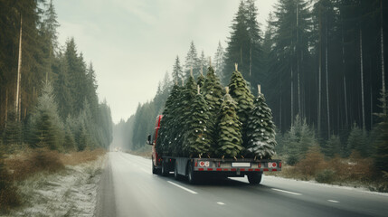 A car truck carries cut down Christmas trees through a spruce forest. Live Christmas tree for Christmas, deforestation, back view.