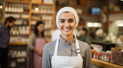 Cheerful Grocery Store Clerk Offering Quality Service with a Bright Smile 