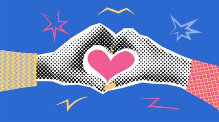 Collage with male and female hands in heart shape, abstracted with linear patterns on blue background.Vector illustration