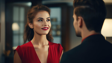 Sexy woman in dress with bright makeup and red lips talk, smirk and flirt in an office with a man in a suit. Office romance, mistress coworker. - obrazy, fototapety, plakaty