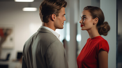Sexy woman with bright makeup and red lipstick talk, smirk and flirt in an office with a man in a suit. Office romance, mistress coworker. - obrazy, fototapety, plakaty