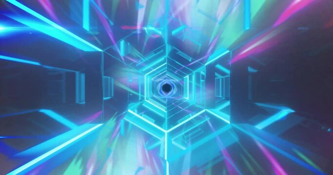 Animation of hexagonal tunnel and multicolored dynamic pattern over black background