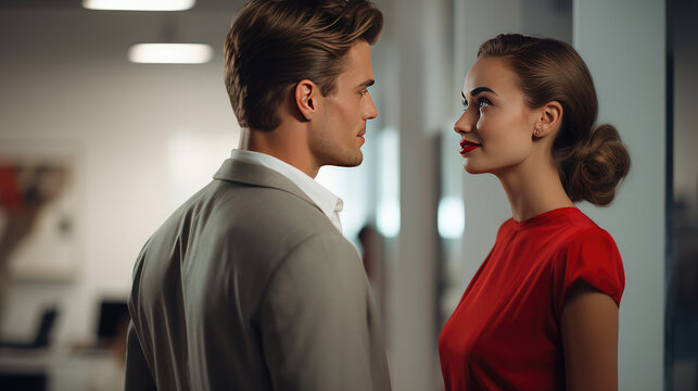 Sexy woman with bright makeup and red lipstick talk, smirk and flirt in an office with a man in a suit. Office romance, mistress coworker.