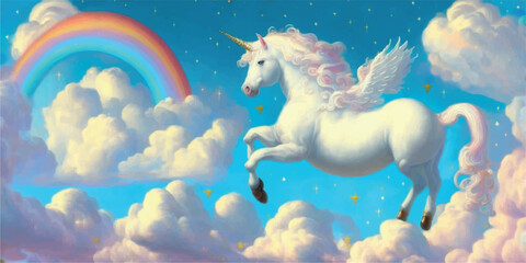 White unicorn pegasus pony horse in heaven.Kawaii cute fairy tale sweet dreamy light pastel rainbow fluffy clouds sky with stars.Cartoon baby nursery wall design.Childish wallpaper for kids.