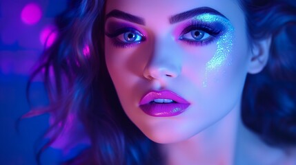 Naklejka premium beautiful fantasy woman with fairy tale purple and blue neon glow makeup, fashionable female with fairy make-up, beauty and fashion portrait
