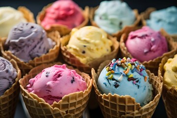 Fototapeta na wymiar Colorful Ice Cream Cones in Holder, waffle cone holder, vibrant composition, vibrant composition, colorful assortment