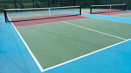 Low angle view of a dedicated pickleball court.