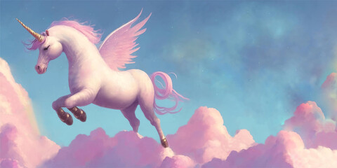 Pink pegasus pony unicorn horse with wings,horn flaying in the heaven sky with fluffy clouds.Kawaii cute fairy tale pastel vector drawing illustration.Childish wallpaper banner background.