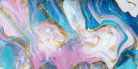 Fluid art painting in alcohol ink technique, luxury abstract mixture of teal blue pink white gold paints.Imitation of marble stone cut,glowing glitter golden foil veins.Tender dreamy design.. - obrazy, fototapety, plakaty