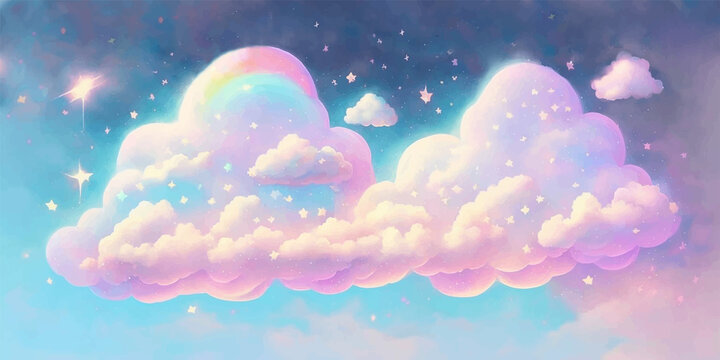 Rainbow white fluffy clouds sky with stars.Fairy tale cartoon pastel pink blue vector heaven.Sweet dreamy cartoon pastel gradient.Baby nursery wall design.Childish wallpaper banner background.
