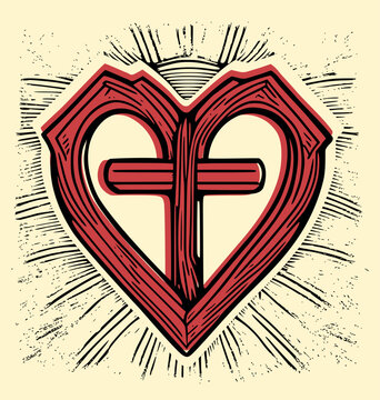recommend clip art: Red heart with cross of Jesus Christ.Christian love symbol.Silhouette outline inside with wood texture sketch drawing Sunburst rays.Vector line art sign.Biblical sticker.T shirt print.Logo icon.