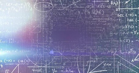 Animation of mathematical equations and diagrams with lens flares over black background - Powered by Adobe