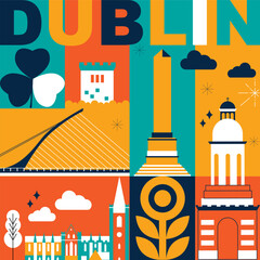 Typography word Dublin branding technology concept. Culture travel set, famous architectures, lat design. Ireland Business travel, tourism idea. Image for presentation, banner, web, split video screen