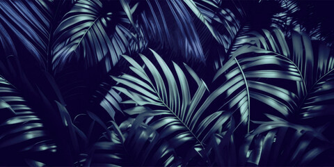 Tropical exotic palm leaves dark blue green gradient banner background wallpaper design.Floral frame.Jungle surface.Botanical greenery illustration.Card template.Decoration element. Night landscape. 