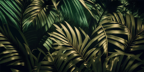 Tropical exotic palm leaves dark green vector gradient banner background wallpaper design.Floral frame.Jungle surface.Botanical greenery illustration.Card template.Decoration botany element .Night.