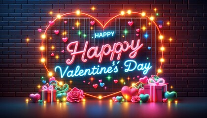 Happy Valentine's Day background, A brick wall with neon Happy Valentine's Day lights, with hanging lights and festive decorations.