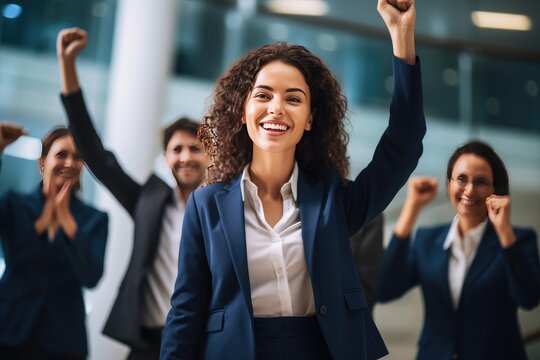 Happy businesswoman got promoted by coworkers congratulating her in the office.