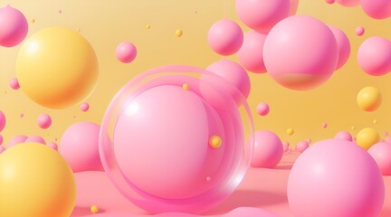 Abstract backgrounds with 3D spheres that move. Bubbles in pastel pink and yellow plastic. Illustration of glossy soft balls in vector format. Design of a stylish modern banner or poster
