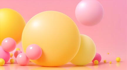 Abstract backgrounds with 3D spheres that move. Bubbles in pastel pink and yellow plastic. Illustration of glossy soft balls in vector format. Design of a stylish modern banner or poster