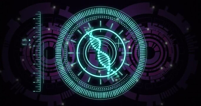 Animation of rotating dna helix in circles over loading circles against black background