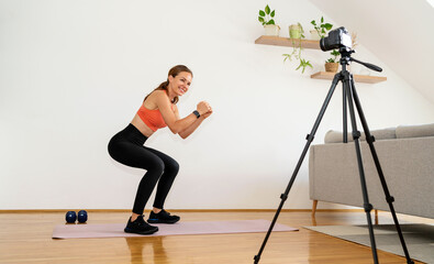 Female person doing sports training at home, fitness exercise squats at home in front of video camera on tripod.
