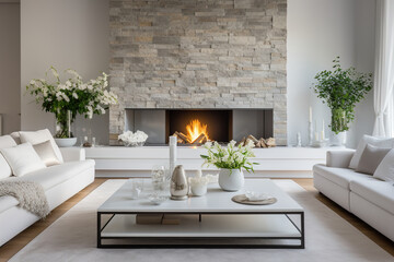 Modern living room in villa, white sofas by fireplace in stone cladding wall, minimalist style home interior design.