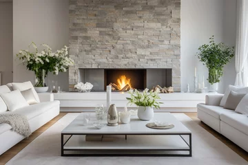 Foto op Plexiglas Modern living room in villa, white sofas by fireplace in stone cladding wall, minimalist style home interior design. © Concept Island