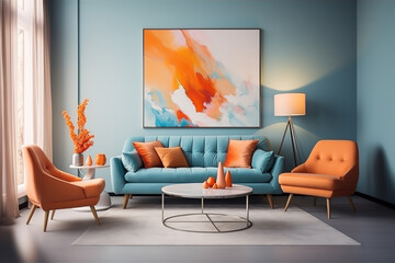 Modern interior design of living room in orange and blue colors, with sofa, armchair and abstract picture.