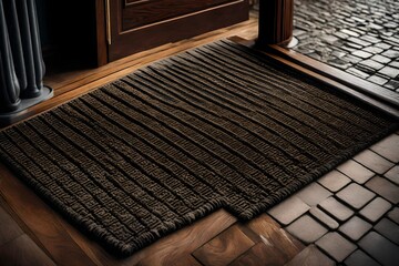 close up view, New door mat near stone stairs indoors