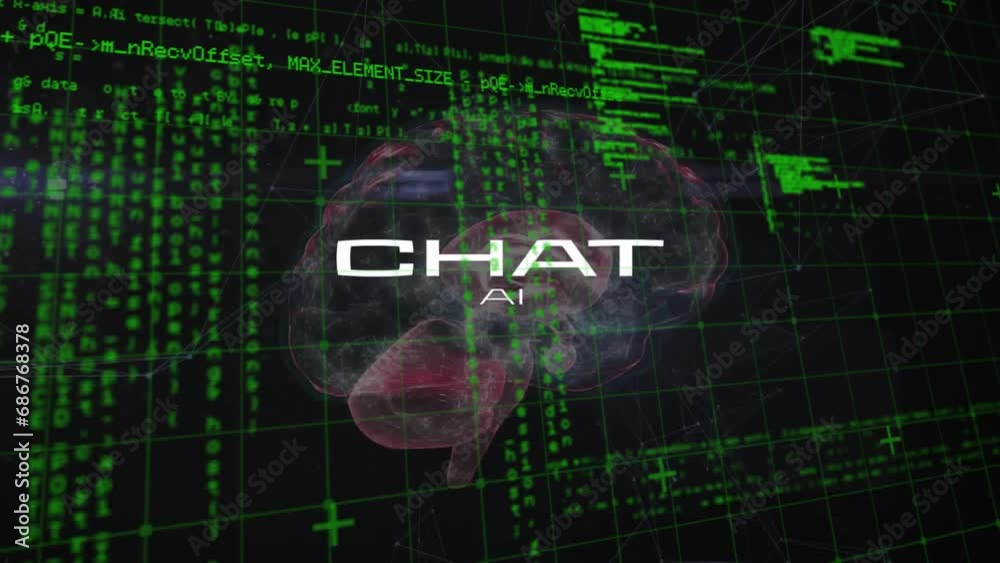Poster animation of computer language and chat ai text in human brain over black background