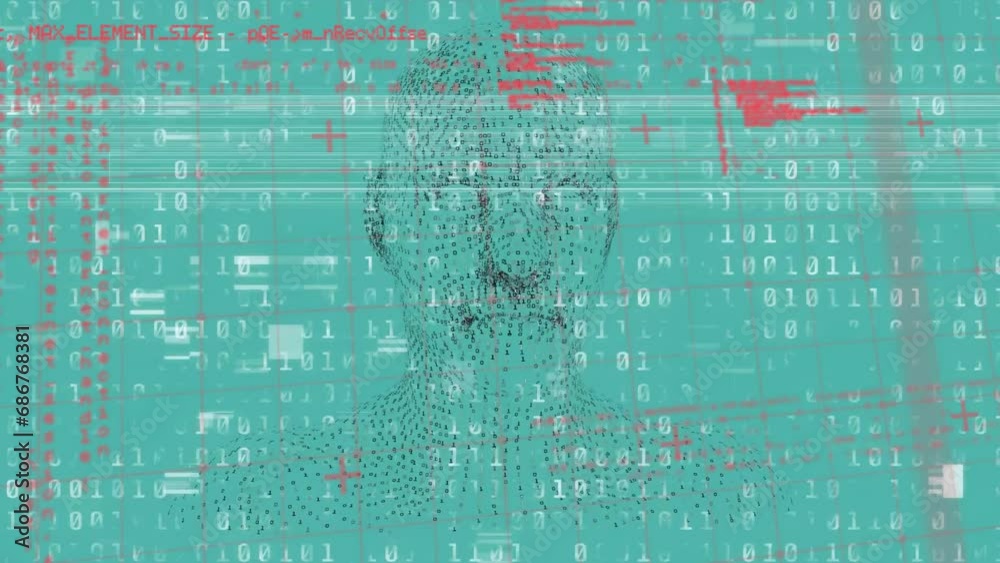 Poster animation of computer language and glitched binary codes against blue background
