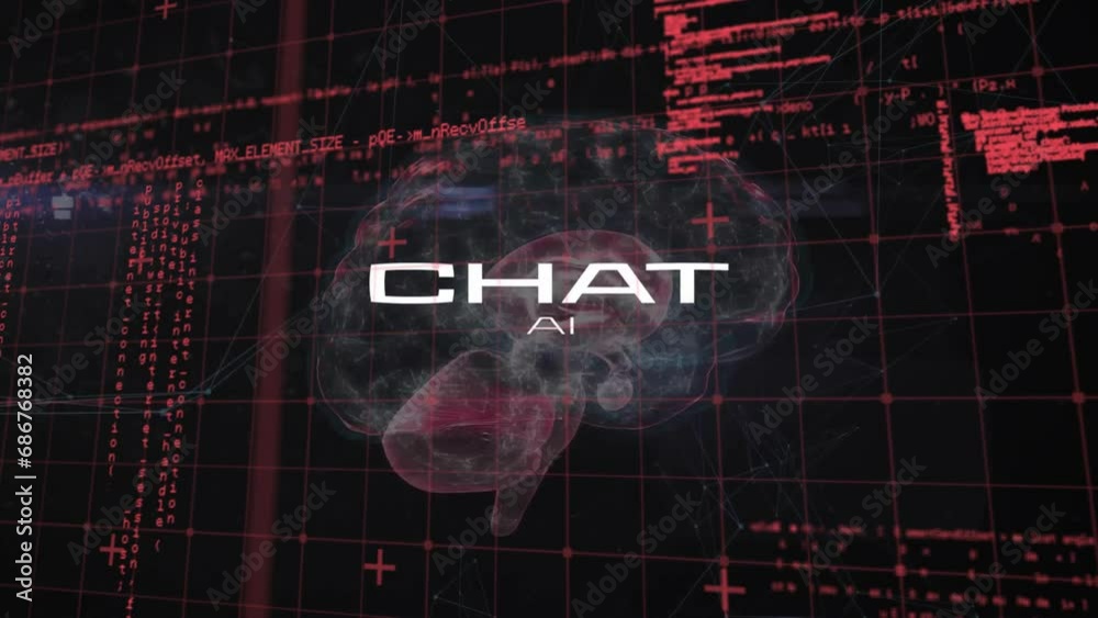 Aufkleber animation of computer language and chat ai text in human brain over black background