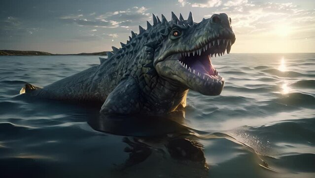 A massive water dinosaur swimming calmly in the open ocean majestic against the horizon.. .