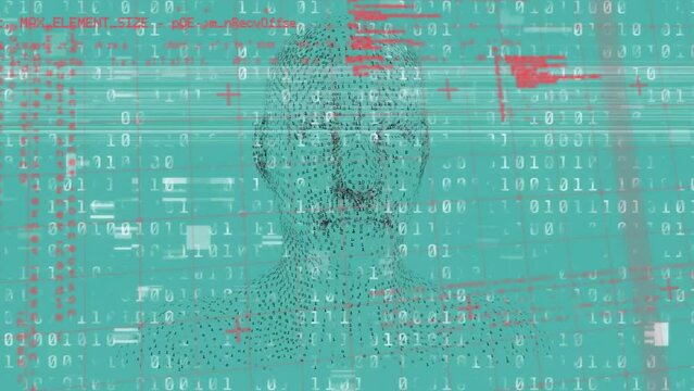 Animation of computer language and glitched binary codes against blue background