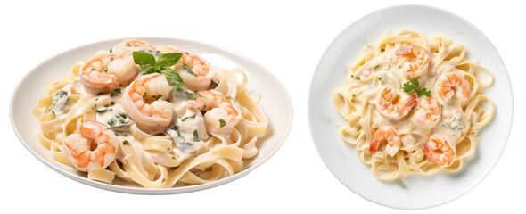 Shrimp Alfredo with fettuccine pasta in creamy sauce isolated on white background, food bundle,...