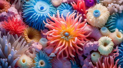 Obraz na płótnie Canvas Colorful Sea Anemones Hosting Clownfish in Vibrant Coral Background