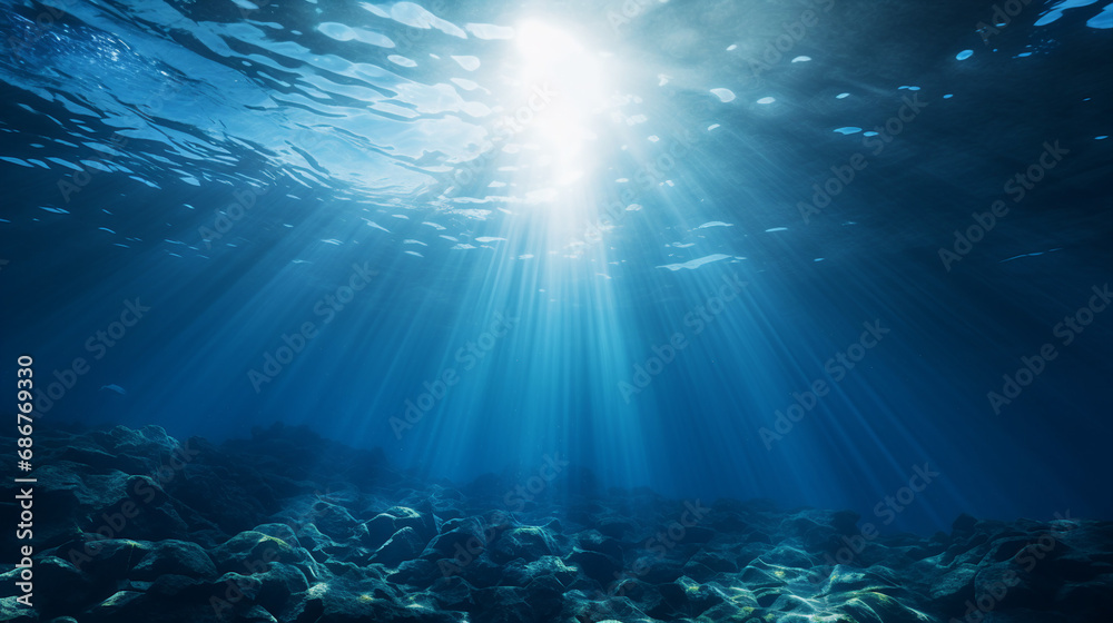 Poster deep blue ocean abyss with sunlight filtering through background