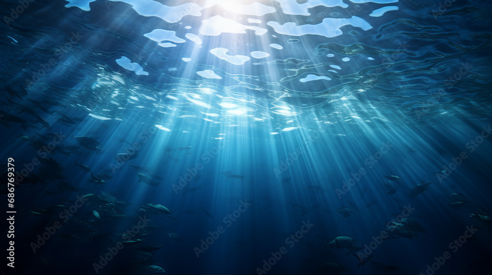Poster deep blue ocean abyss with sunlight filtering through background