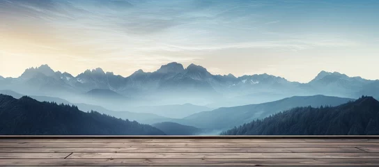 Papier Peint photo Lavable Matin avec brouillard Mountains with fog in a background of a wooden table.